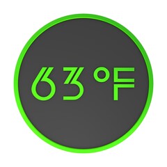 Yellow number sixty-three in a gray circle on a white background isolate. Degrees Fahrenheit. Air temperature. Rendering illustration.