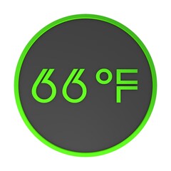 Yellow number sixty-six in a gray circle on a white background isolate. Degrees Fahrenheit. Air temperature. Rendering illustration.