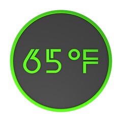 Yellow number sixty-five in a gray circle on a white background isolate. Degrees Fahrenheit. Air temperature. Rendering illustration.