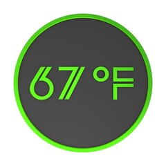 Yellow number sixty-seven in a gray circle on a white background isolate. Degrees Fahrenheit. Air temperature. Rendering illustration.