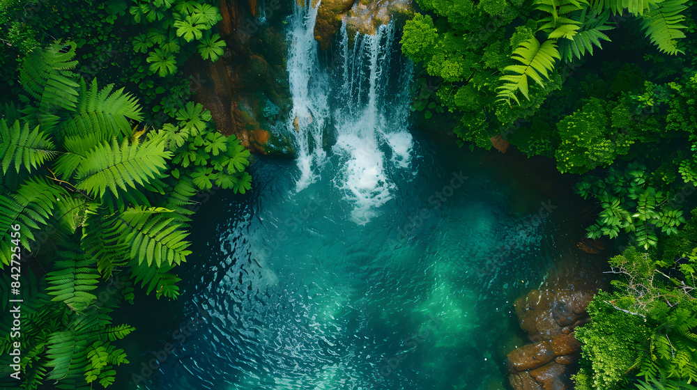 Poster captivating waterfall with lush ferns and emerald pool. top-down view banner. copy space concept.