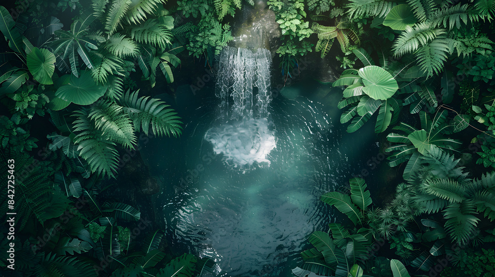 Poster captivating waterfall with lush ferns and emerald pool. top-down view banner. copy space concept.