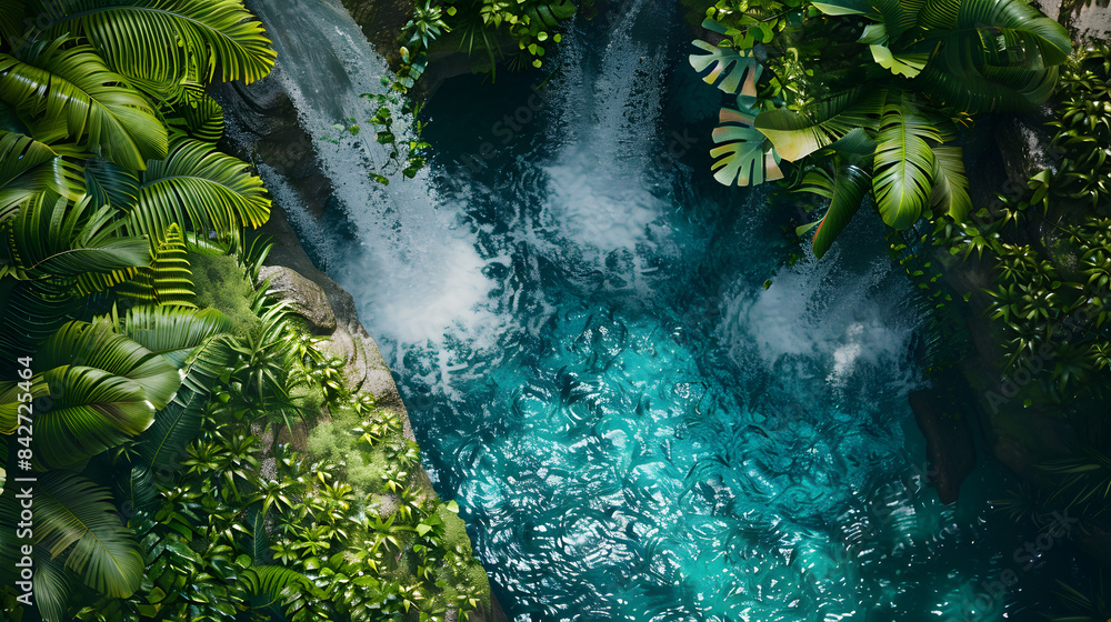 Poster captivating waterfall with lush ferns and emerald pool. top-down view banner. copy space concept.