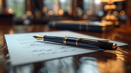 Naklejka premium Close-up shot, a pristine contract laying on a polished wooden desk, elegant cursive signature, realistic lighting, slight shadow for depth, high-detail texture of paper and ink