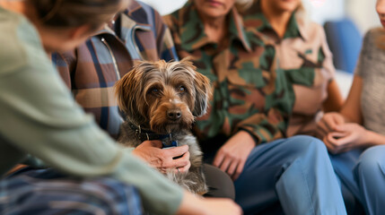 a close-up image of a veteran holding a therapy dog, with the therapist and other group members offering support and comfort, Psychological Support, Memorial Day, Independence Day, 4th july