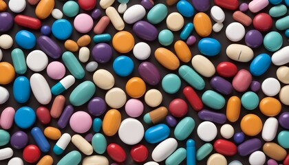 Fototapeta premium Vitamins background - an arrange of pills and tablets representing supplements and vitamins