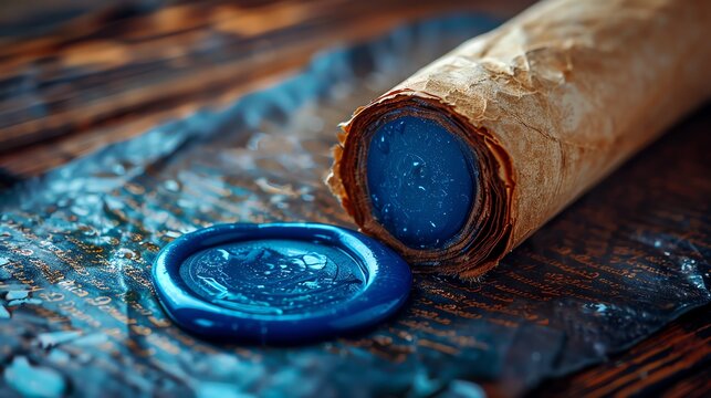 Close-up shot, contract partially rolled on a glass table, focus on the blue seal wax with a unique emblem, hyper-detailed text, subtle bokeh background, high-definition capture