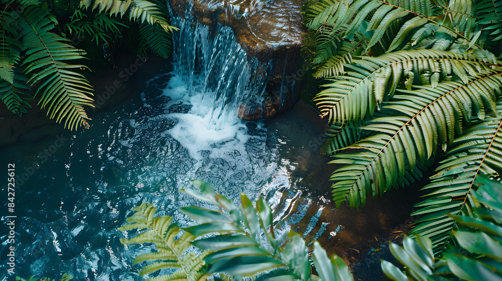 Poster captivating waterfall with lush ferns and emerald pool. top-down view banner. copy space concept.