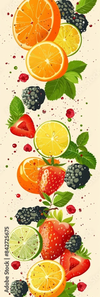 Wall mural Vibrant Fruit and Berry Background With Mint Leaves and Seeds - Wall murals
