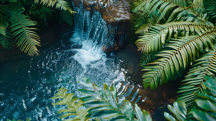 Captivating waterfall with lush ferns and emerald pool. Top-down view banner. Copy space concept. 