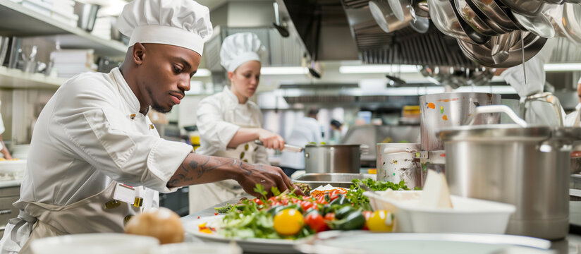 a detailed image of a veteran learning culinary skills in a kitchen training program, with an instructor demonstrating techniques, Education and Retraining, Memorial Day, Independence Day, 4th july