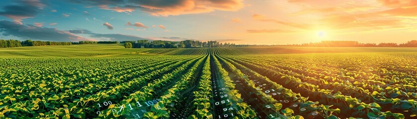 Datadriven research on agricultural runoff, farmland, side view, managing water pollution, digital binary as object, Tetradic color scheme