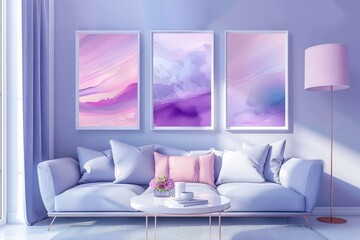 The sofa in pastel purple and pink tones, with a light blue background,
