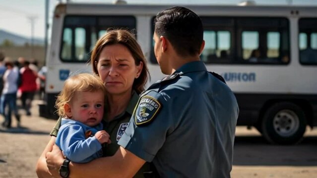 Worried Mother Holding Baby in Front of Police Officers