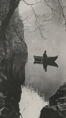 Fototapeta premium A black and white photo of a man in a boat