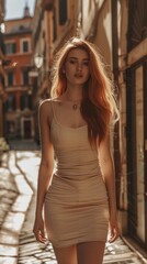 Obraz premium A woman with long red hair walking down a street