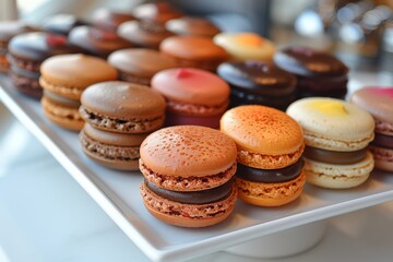 Macarons A colorful assortment of macarons in various flavors, such as pistachio, raspberry, and chocolate. Arranged neatly on a white plate.