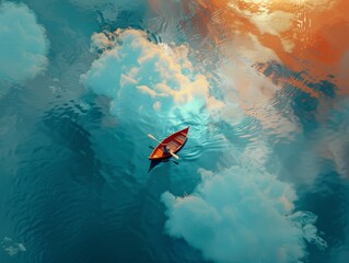 Fototapeta premium 3D render of a man in a small boat on a blue river between two clouds, aerial view.