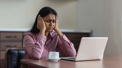 A young Indian business woman suffering from head pain feeling tired while working on her laptop at home
