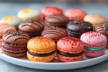 Obraz premium Macarons A colorful assortment of macarons in various flavors, such as pistachio, raspberry, and chocolate. Arranged neatly on a white plate.