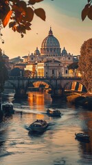 A river with several boats in it and a building in the background