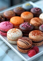 Fototapeta premium Macarons A colorful assortment of macarons in various flavors, such as pistachio, raspberry, and chocolate. Arranged neatly on a white plate.