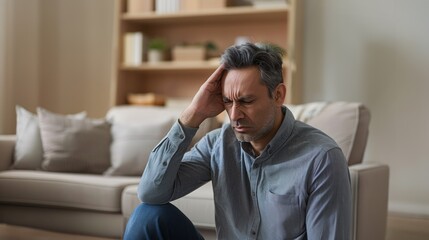 A Indian man with head pain in living room