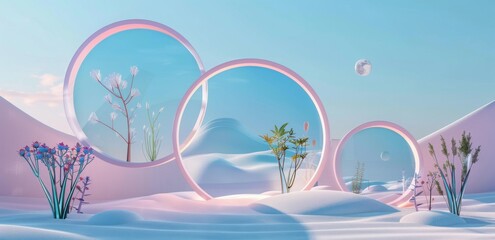 Circular tunnel in the style of minimalist futuristic architecture, blue and light green pastel colors