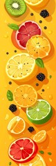 Colorful Fruit Slices on Yellow Background