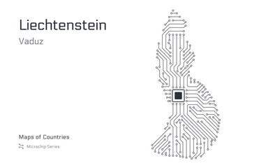 Liechtenstein Map with a capital of Vaduz Shown in a Microchip Pattern with processor. E-government. World Countries vector maps. Microchip Series	
