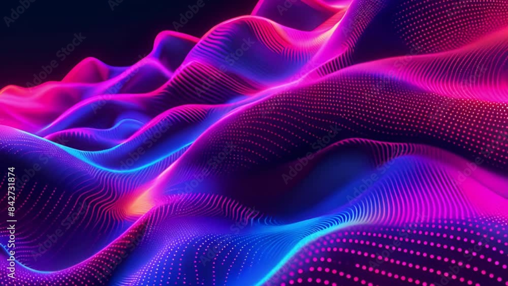 Poster an abstract digital artwork featuring a blue and pink wavy pattern created from glowing particles.