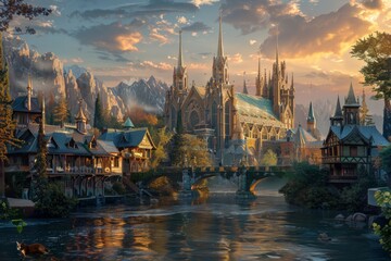 Fototapeta premium Realistic Fantasy Village with Wildlife Ambiance