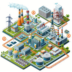A cityscape with many factories and power plants. The image is a representation of the industrial world and the impact it has on the environment
