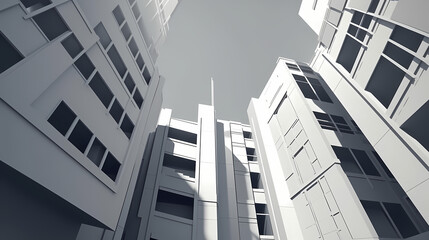 Low angle,Modern Architecture 3D illustration. Architecture building construction perspective paper cut style, underside view urban building abstract background