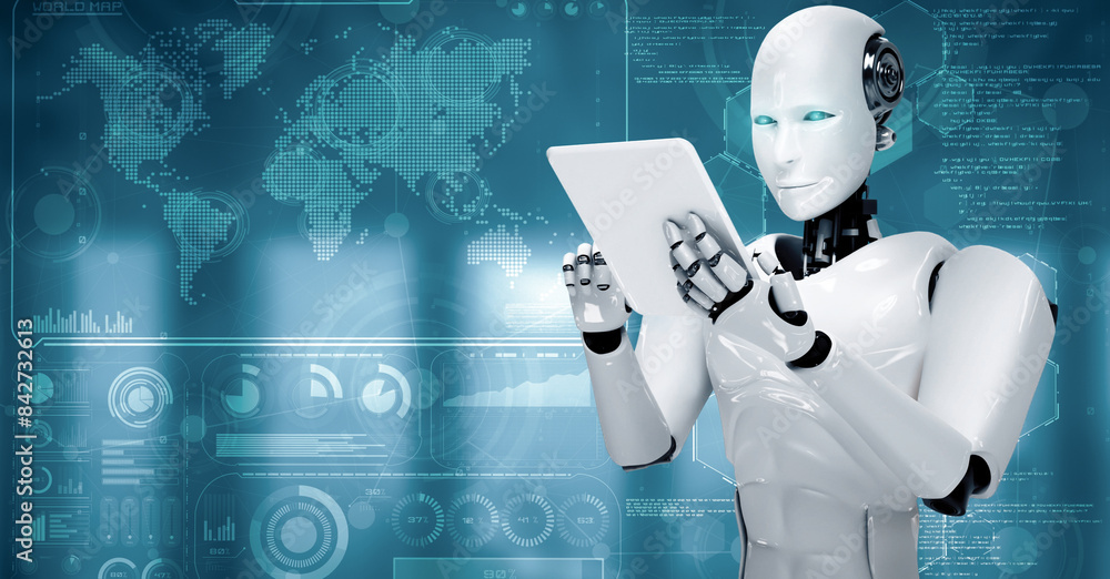 Poster mlp 3d illustration robot hominoid using tablet computer for big data analytic using ai thinking bra