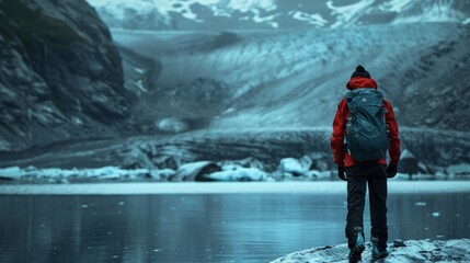 Obraz premium A lone adventurer braving the icy surface of the glacier with supraglacial lakes as their only companions.