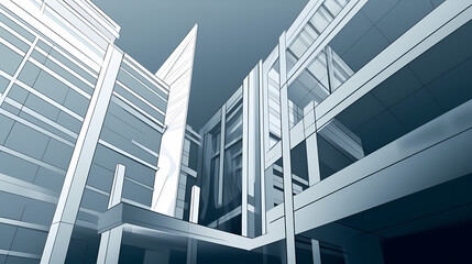 Obraz premium Low angle,Modern Architecture 3D illustration. Architecture building construction perspective paper cut style, underside view urban building abstract background