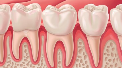 Illustration of a cross-section of human teeth showing roots, gums, and bone structure.