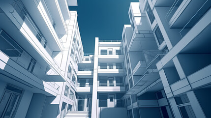 Obraz premium Low angle,Modern Architecture 3D illustration. Architecture building construction perspective paper cut style, underside view urban building abstract background