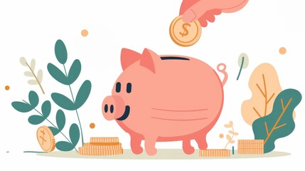 Illustration of a piggy bank with coins and plants, representing savings and investment.