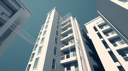 Low angle,Modern Architecture 3D illustration. Architecture building construction perspective paper cut style, underside view urban building abstract background