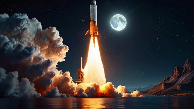 A rocket is launching from a launch pad. There is a large moon in the background.