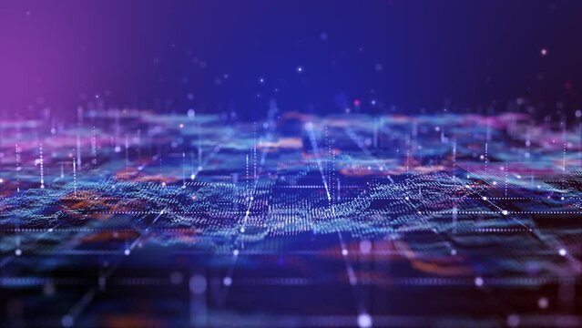 Flying through glow blue futuristic digital technology landscape. Glow colourful particle background.