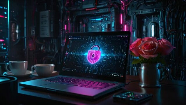 A dark room with a laptop on a table. The laptop has a pink padlock symbol on the screen. A pink rose is sitting in a vase next to the laptop.