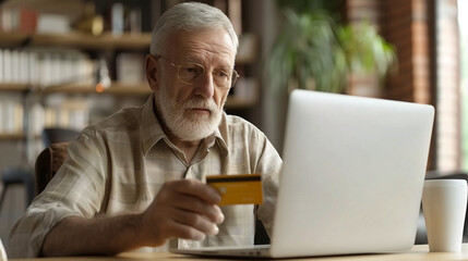 senior man with laptop and a card 