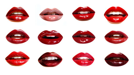 Collection of female mouth with red lips isolated on white background