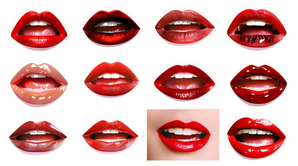 Collection of female mouth with red lips isolated on white background