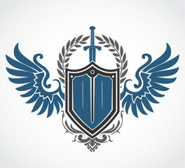 Obraz premium heraldry logo winged shield with sword and laurel wreath simple color ornamental sign