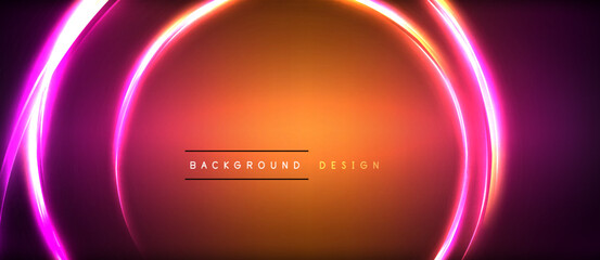 Neon glowing circle rays, light round lines in the dark, planet style neon wave lines. Energetic electric concept design for wallpaper, banner, background