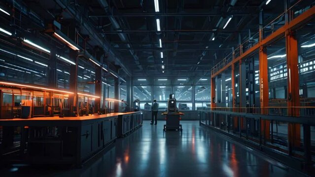 This is an video of an empty factory. There are no people in it. The floor is made of concrete and there are metal beams in the ceiling.
